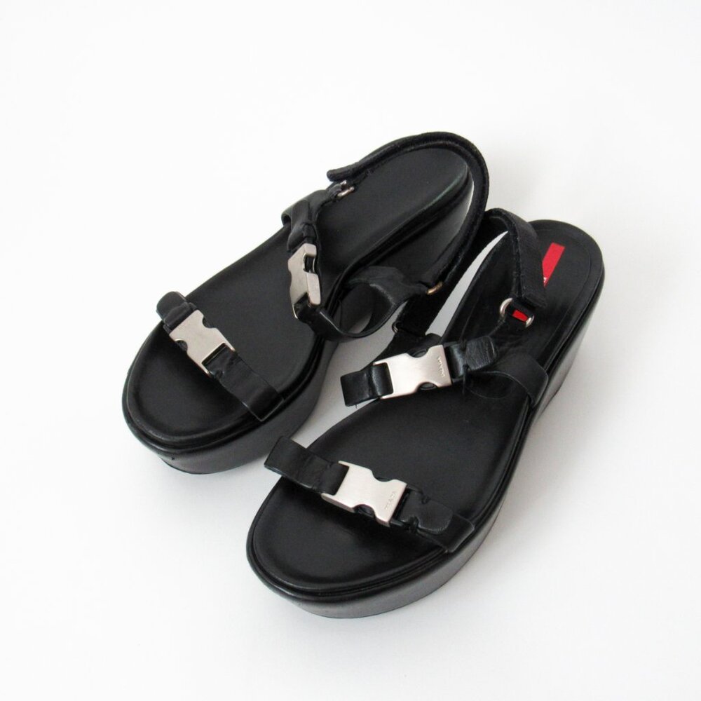 PRADA 90’s VINTAGE Black Sporty Open Toe Platform Sandals W/Metal Buckles Size-9 - Picture 4 of 14